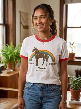 NWT The Laundry Room Aloha Cowboy Hawaii White Red Ringer Graphic Baby Tee Sz M